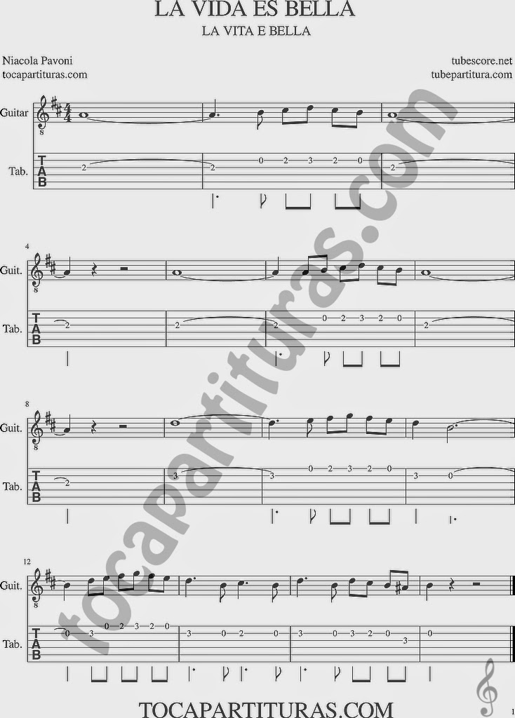 tubepartitura La Vida es Bella de Niacola Pavoni Tablatura del Punteo