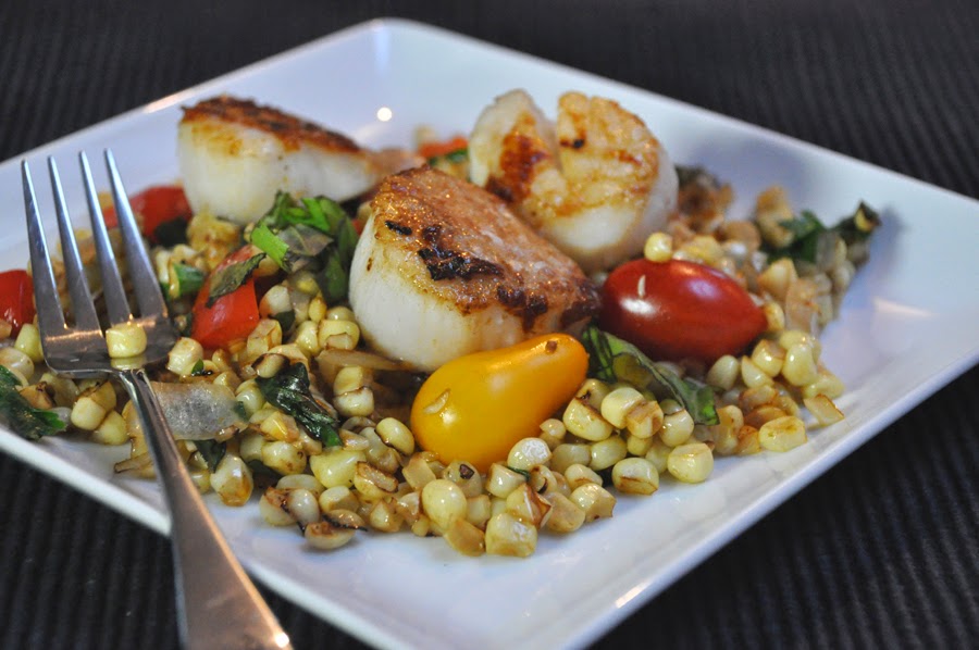 Stealth Cooking Scallops with Roasted Corn and Tomatoes