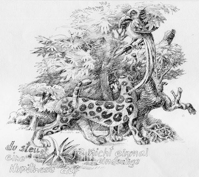 panther, leopard, papagei, urwald, jungle, hypothesis, parrot, drawing, zeichnung von wolfgang glechner, wild animals, safari