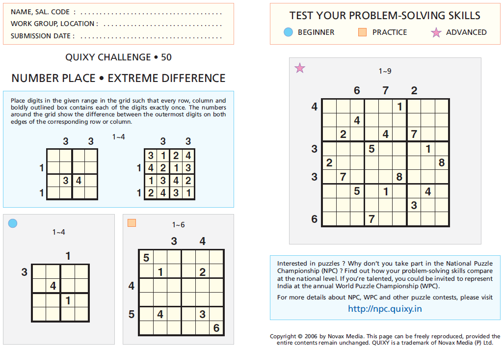 EXTREME DIFFERENCE SUDOKU (QC50)Fun With Puzzles