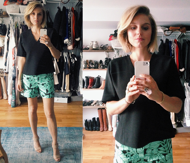 Zara tropical print shorts, Ann Taylor structured top, Vince Gemma heels, Saint Laurent Arty ring
