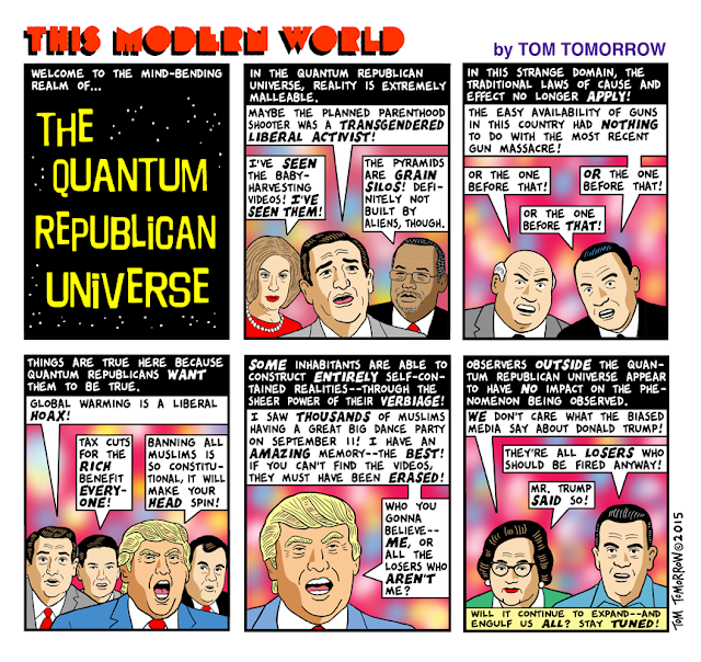 Cartoon lampooning impenetrability of the Republican news bubble and Republicans' imperviousness to facts.