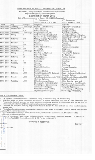 Date sheet of 10th and 12th first and second semester Hbse / Bseh Bhiwani Haryana March 2016