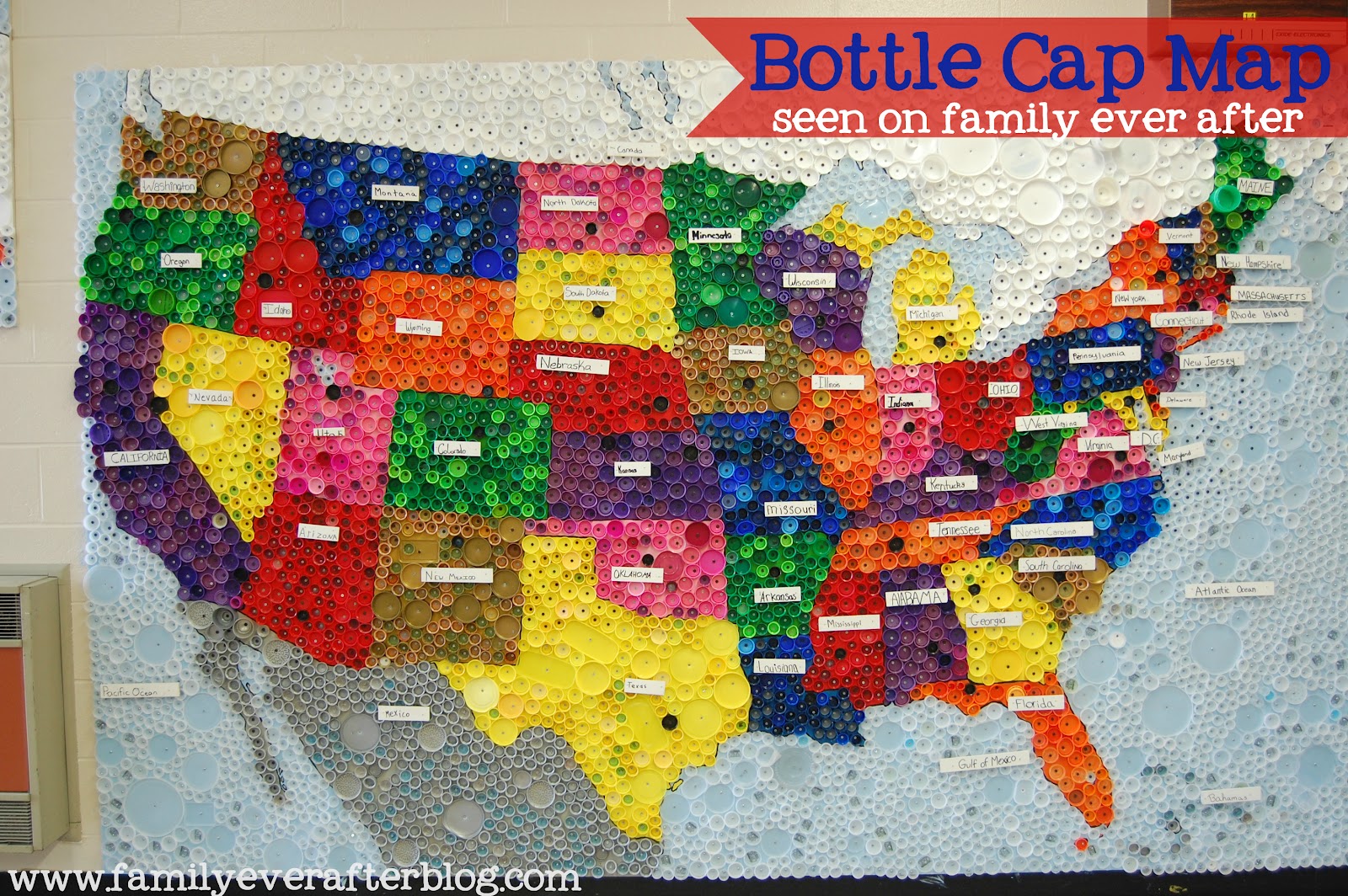 Upcycled Bottle Cap Map of USA Family Ever After