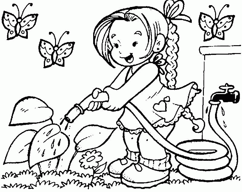 Kids Page: - Watering The Flowers On Spring - Flower Coloring Pages