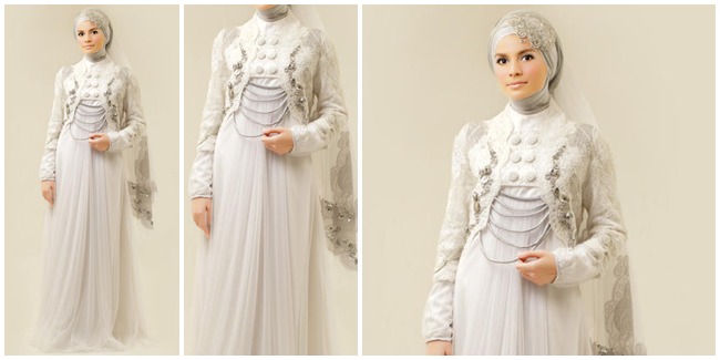 gaun pengantin muslimah aksen embos
