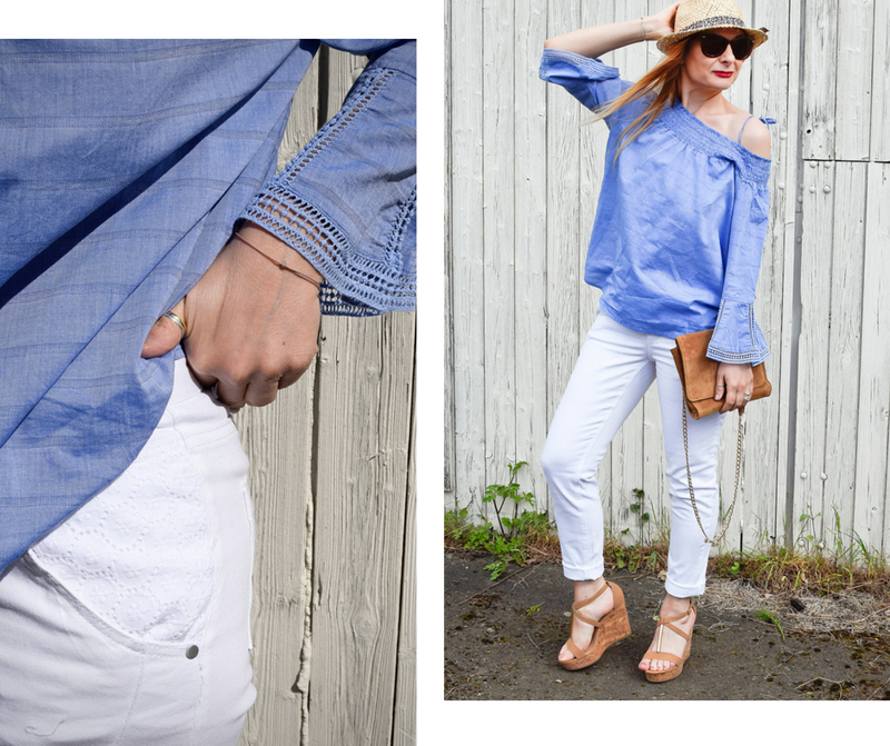 Tchibo, luftig und leger, weiße 7/8 Jeans, hellbaue Offshoulder Bluse Tchibo, luftig und leger, weiße 7/8 Jeans, hellbaue Offshoulder Bluse