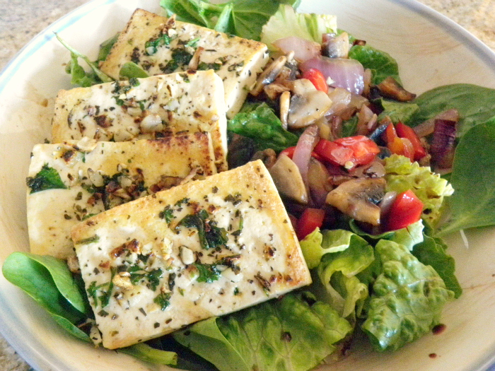 oh whimsical me Herb Crusted Tofu with Mushrooms over Greens