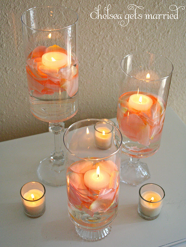 I put real light pink rose petals in water followed by a floating candle in