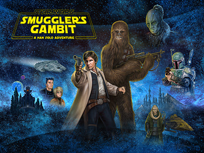 Smuggler's Gambit cover showing Han, Chewy, Boba Fett and others from the story. 