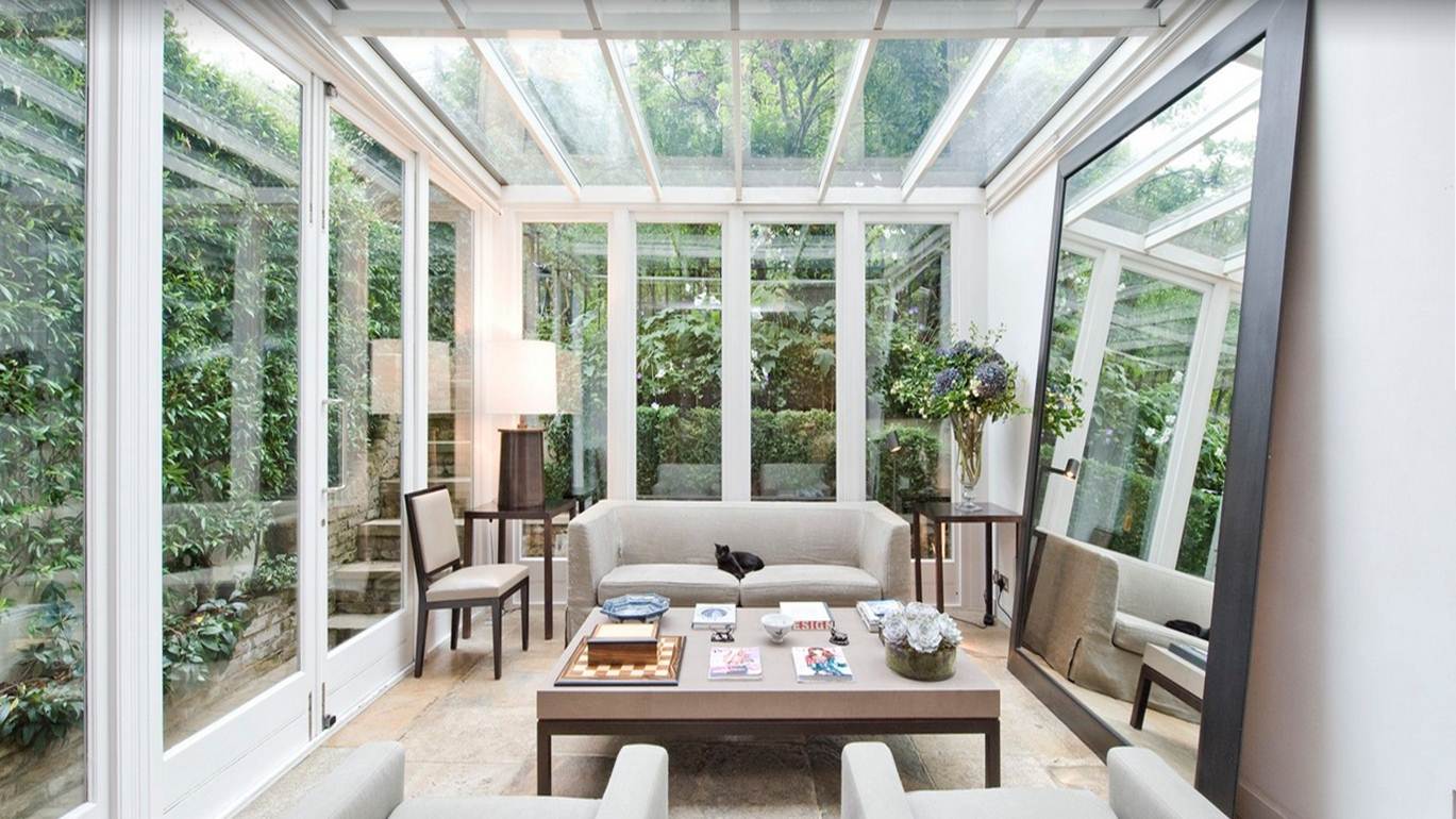 living room with glass ceiling