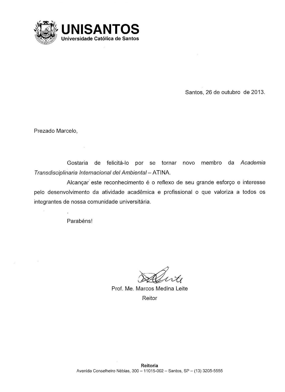 CARTA DE RECONHECIMENTO ENCAMINHADA PELO REITOR DA UNISANTOS PARA MARCELO GIL - 2013