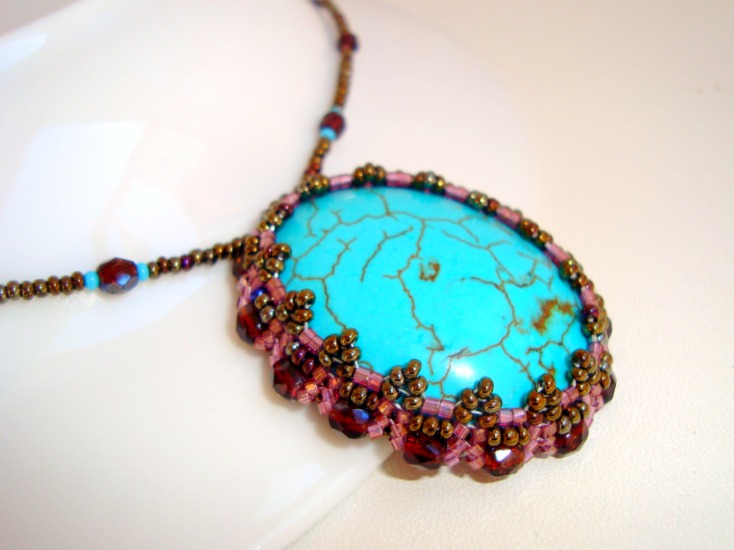 Beading Times Peyote Stitch Beaded Turqoise Cabochon Pendant Necklace