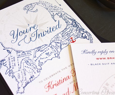 Cape Cod Wedding Invitation in red, white and blue with anchor by Concertina Press
