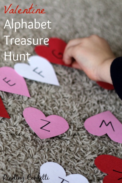 An alphabet treasure hunt with a Valentine's Day theme is a fun way to practice letters.