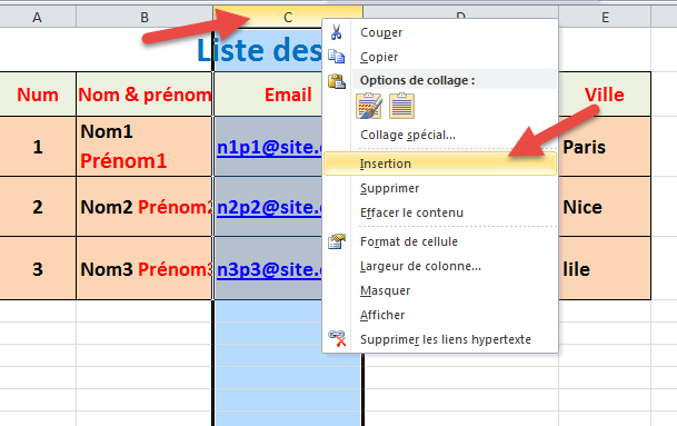 insérer colonne excel