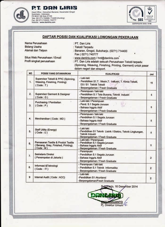 Lowongan terbaru di PT DAN LIRIS | karirone