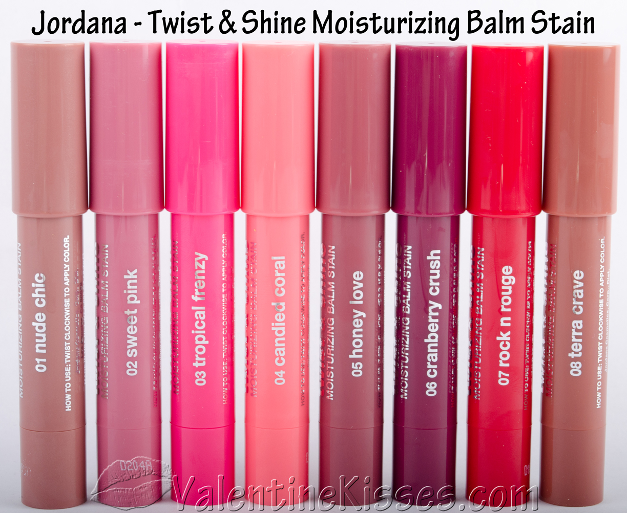 Valentine Kisses Jordana Twist & Shine Moisturizing Balm Stains all 8 shades pics, swatches