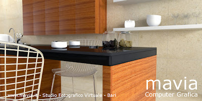 Bari Rendering interni 3d - rendering tavolo cucina con piano okite nera in Cinema 4d e Vray rendring