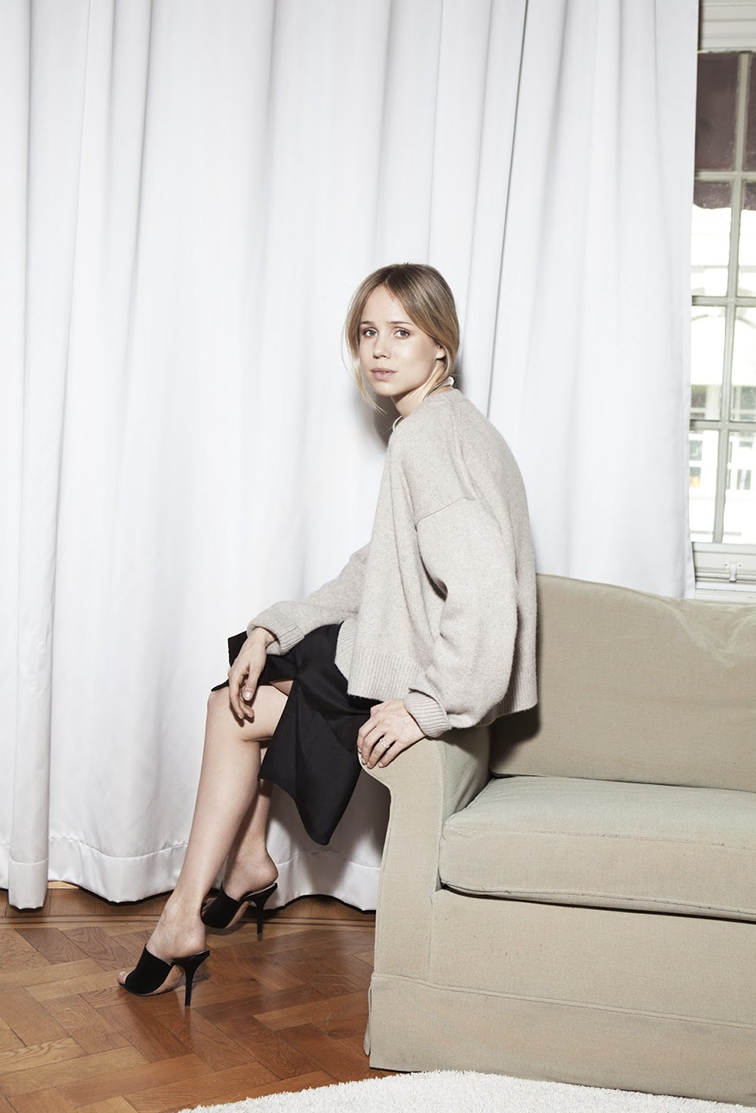 Elin Kling in Céline sweater and mules silk dress by FWSS Elin Kling in Céline sweater and mules silk dress by FWSS