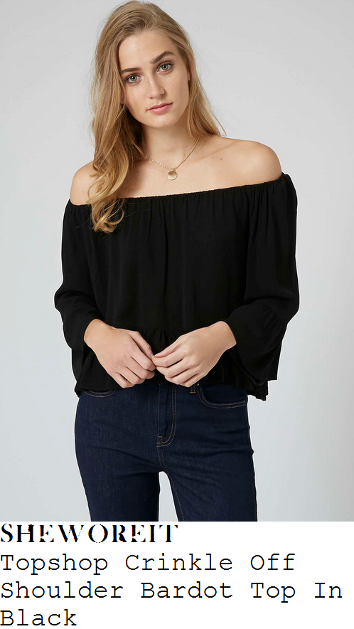 danielle-lineker-black-off-shoulder-bardot-frill-top