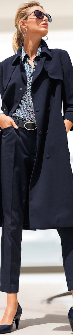 Madeleine Navy Trench Coat, Shirt, and Trousers