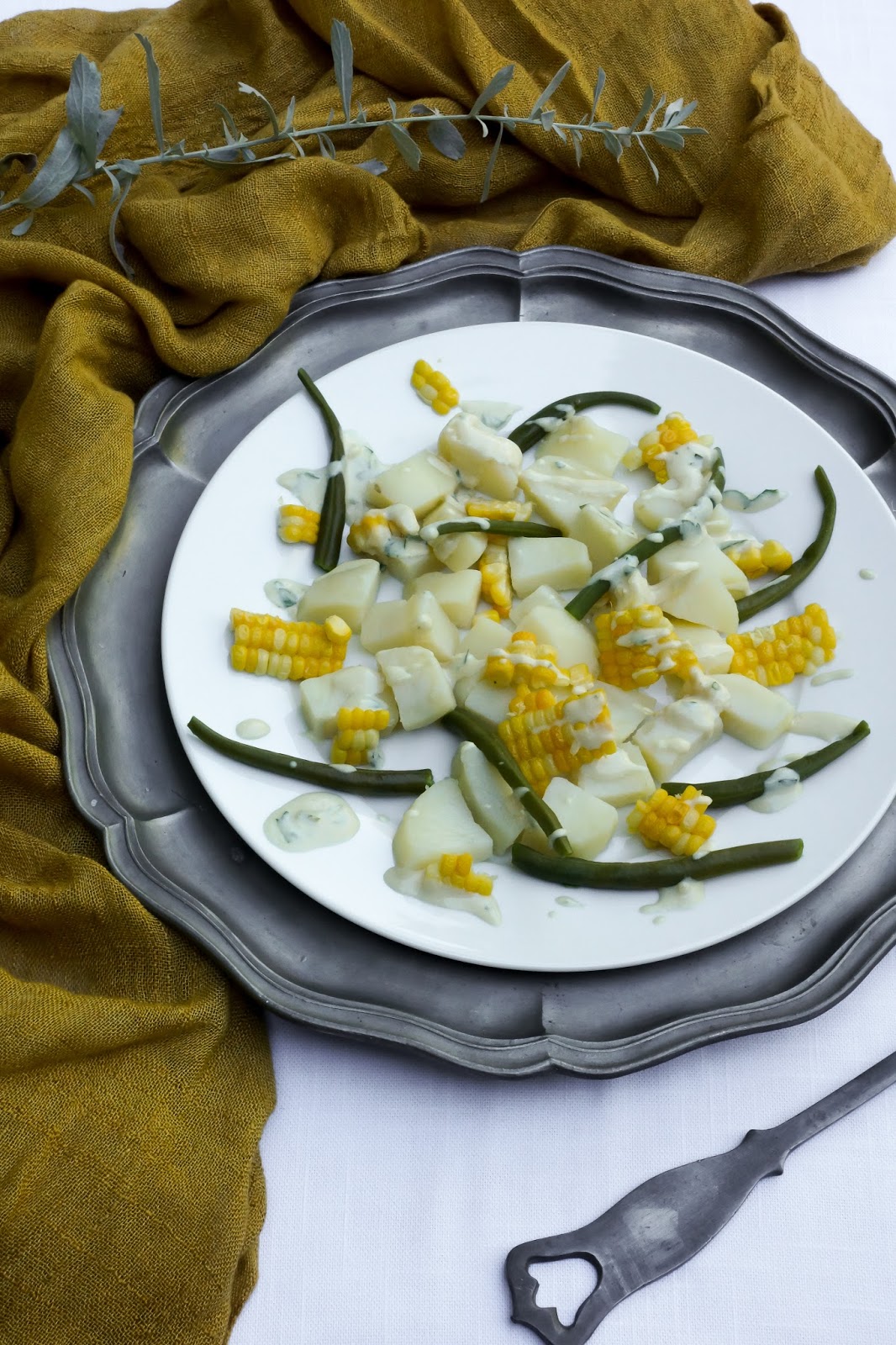 Potato, corn and green bean salad with tahini dressing Tera Solara