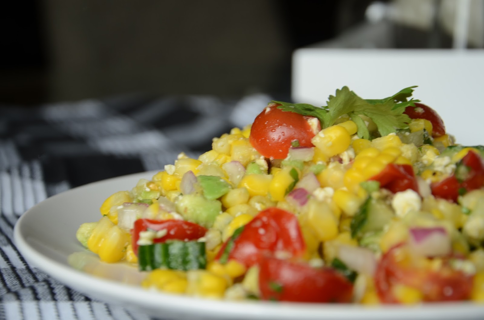 Fancy Napkin .grilled corn + avocado salad with cilantro vinaigrette.