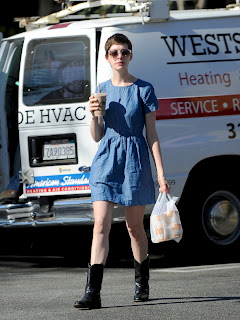 Anne Hathaway wearing blue dress Out in West Hollywood