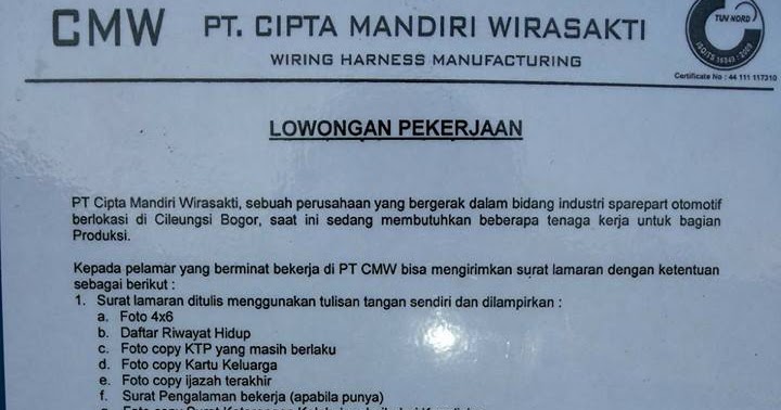 Lowongan Kerja Lowongan Kerja Pt Cipta Mandiri Wirasakti Pt Cmw