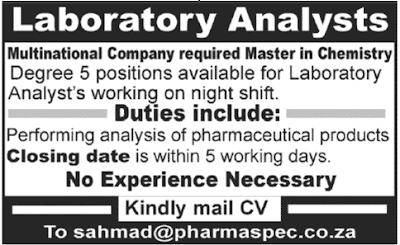 Labortary Analysts Required in a Multinational Company Jang News 25 June 2013