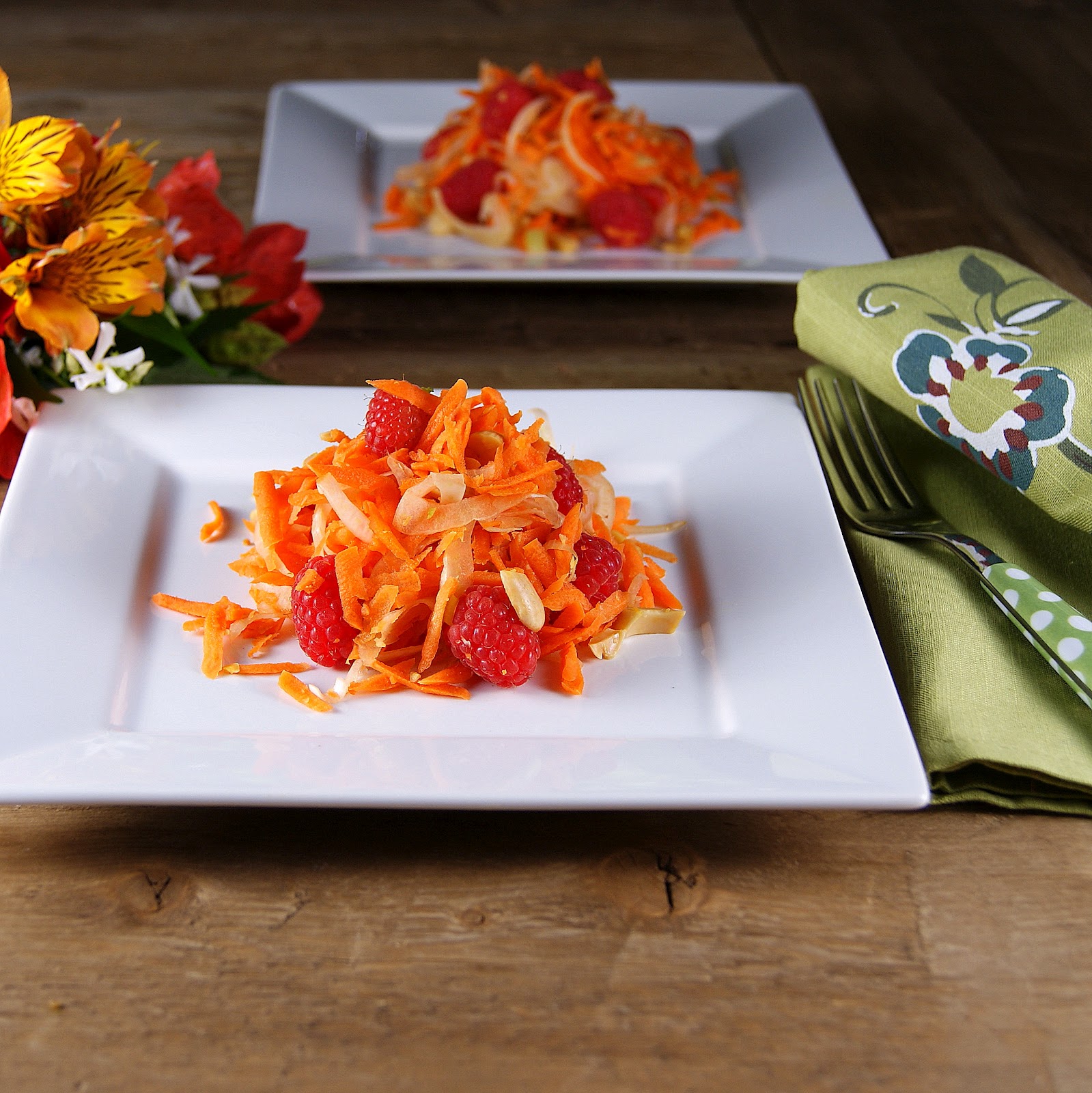 Patty's Food Carrot, Raspberry, Fennel, & Marcona Almond Salad with Creamy Ginger Jalapeño Dressing
