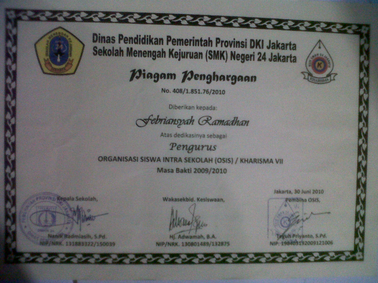 Piagam Pengurus Osis SMK24 Greentea Day