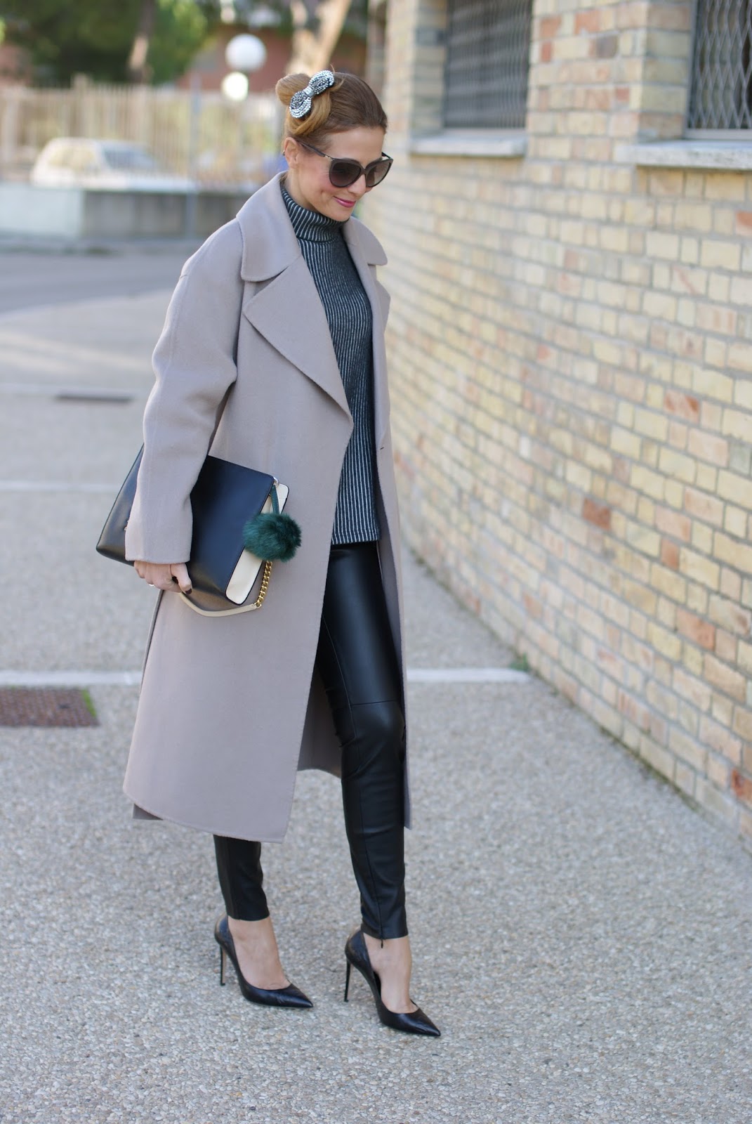 Chic and sophisticated look with a Vogos Mathilda coat, faux leather pants and black pumps on Fashion and Cookies fashion blog, fashion blogger style