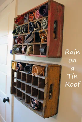 Men's tie storage in coke crates by Rain on a Tin Roof, featured on I Love That Junk - this is so cool!