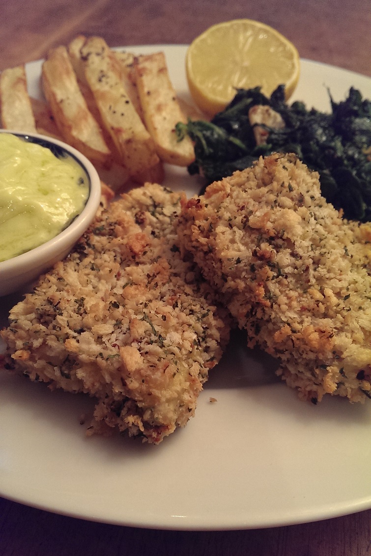 Jules' Dinner Table Baked Pine Nut & Parsley Hake Goujons with Aioli