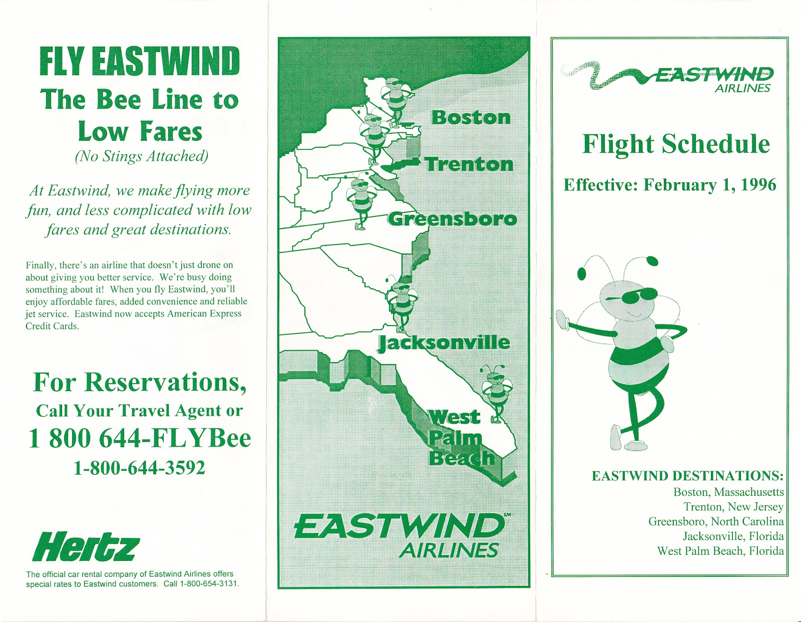 Buy 4 0123 save 50% Eastwind Airlines system timetable 8/29/96 