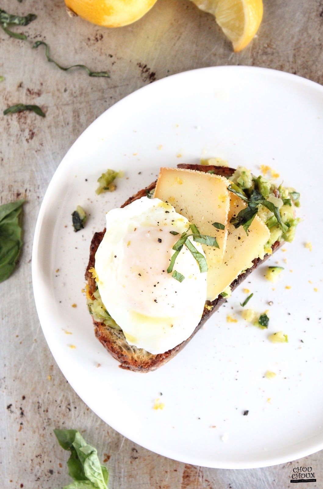 My Chouchoux Asparagus & Zucchini Tartine with Poached Egg, Cheese