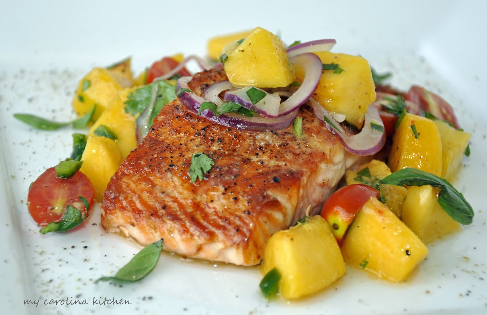 My Carolina Kitchen Salmon with Tomato Peach Salsa a spicy way to