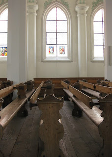 Pews and stained-glass window panels, Stephanskirche, Lindau, Germany