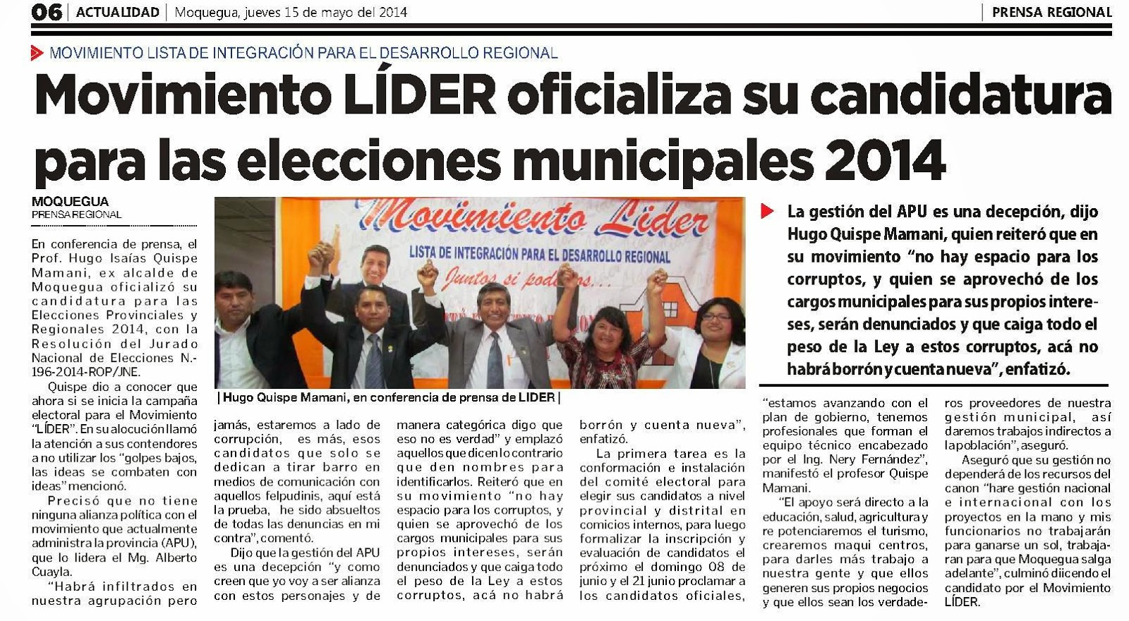 GRUPO INICIATIVA ANTICORRUPCION ILO Movimiento Líder oficializa su