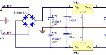 Schematronika: Rangkaian 12V power supply simetris LM 7812 dan 7912