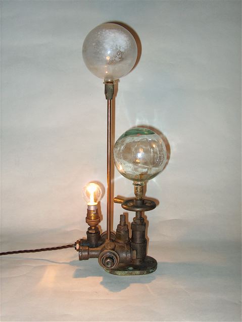 BRONZE AND GLASS WATER VALVE LAMP