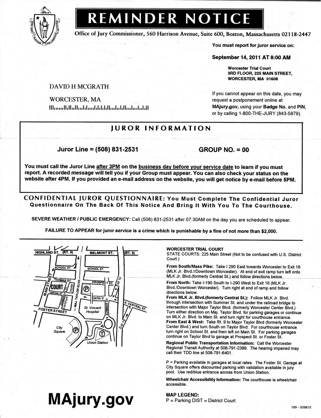 My Life Scanned Jury Duty Reminder Notice (9/14/11)