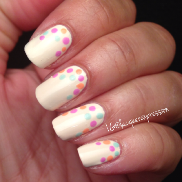 Reverse French Dotticure using Coconut nail polish by Fresh Paint Lust for Lilac and Pretty in Peach pastel polish by Maybelline and Robin's Egg Blue by New York Color NYC