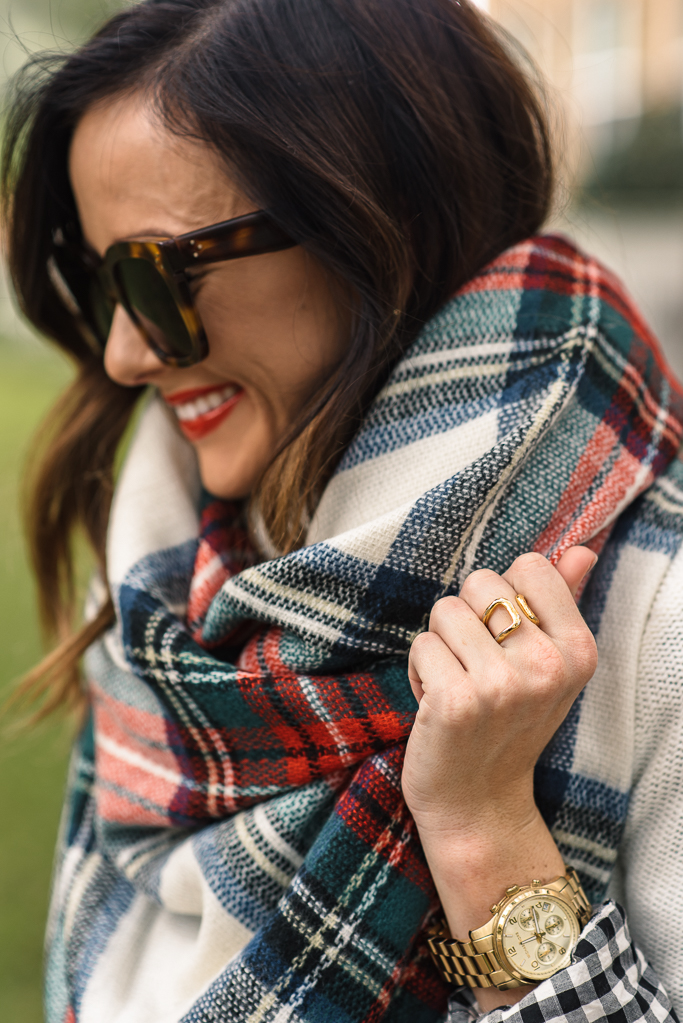 plaid blanket scarf, asos plaid scarf, plaid scarf, blanket scarf, tory burch tote, fall fashion, winter fashion, holiday style, black tory burch tote, tory burch slouchy tote, tory burch marion slouchy tote, j.crew knit turtleneck, cable knit turtleneck, j.crew cable knit turtleneck, dark denim skinny jeans, joe's jeans skinny jeans, black tory burch flats, red lipstick, christmas outfit, how to wear a blanket scarf,