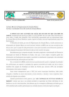 SINDAS / RN Questiona a Atenção Básica do Min. da Saúde sobre a obrigatoriedade dos ACS digitarem o e-SUS