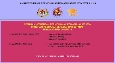Semakan Keputusan Permohonan Kemasukan Ke IPTA, TEVT & ILKA Sesi 2011