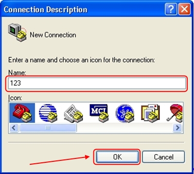 Enter a name for the connection, for example, '123' and press 'OK'.