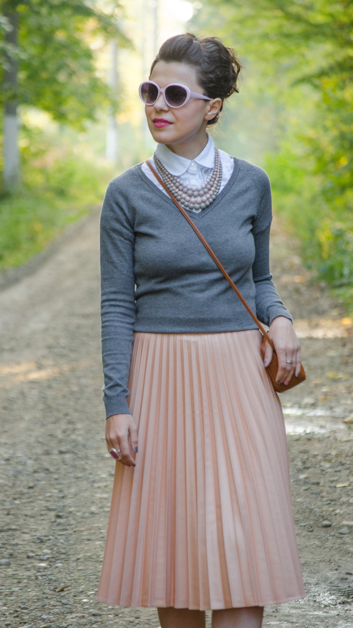 pastels pleated skirt dusty pink grey sweater white shirt statement necklace little brown satchel bag brown heels